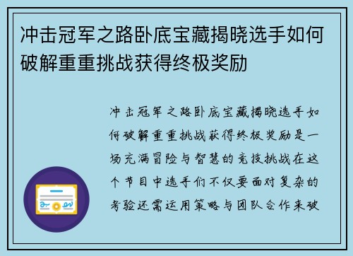 冲击冠军之路卧底宝藏揭晓选手如何破解重重挑战获得终极奖励
