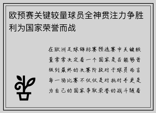 欧预赛关键较量球员全神贯注力争胜利为国家荣誉而战