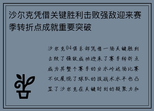 沙尔克凭借关键胜利击败强敌迎来赛季转折点成就重要突破