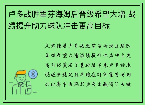 卢多战胜霍芬海姆后晋级希望大增 战绩提升助力球队冲击更高目标