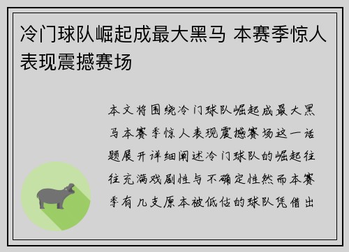 冷门球队崛起成最大黑马 本赛季惊人表现震撼赛场