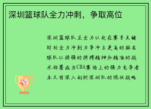 深圳篮球队全力冲刺，争取高位