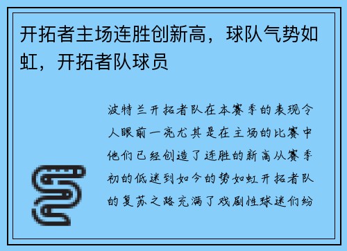 开拓者主场连胜创新高，球队气势如虹，开拓者队球员