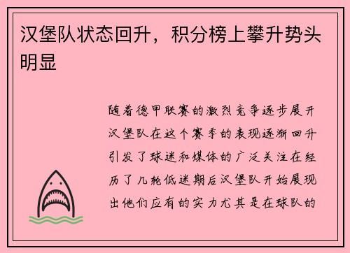 汉堡队状态回升，积分榜上攀升势头明显